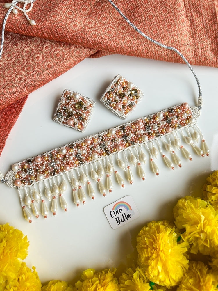 Blushing Rose Gold Handmade Beaded Choker Set