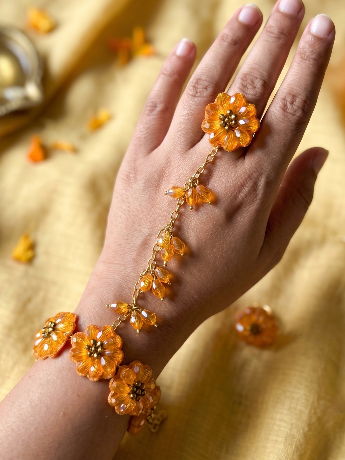 Sparkling Sunflower Handmade Beaded Hathphool (Single Hand)