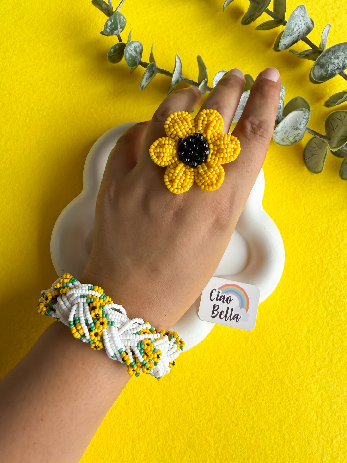 Luxe Flora Sunflower Handmade Beaded Bracelet + Ring Combo
