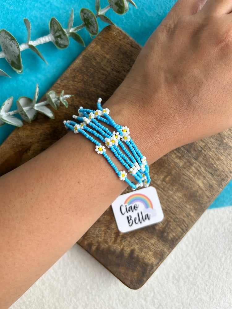 Spring Bloom Blue White Daisy Handmade Beaded Bracelet