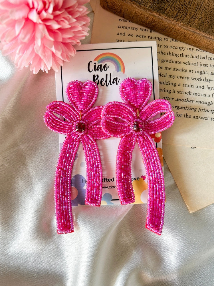 Glam Bow (Pink) Handmade Beaded Earrings