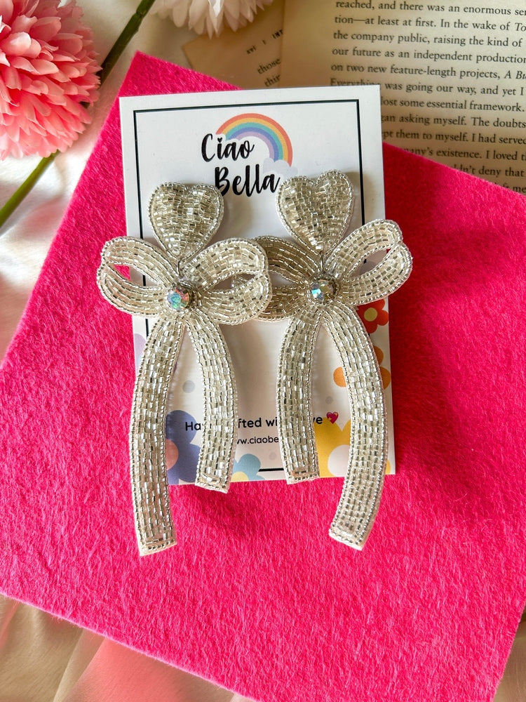 Glam Bow (Silver) Handmade Beaded Earrings