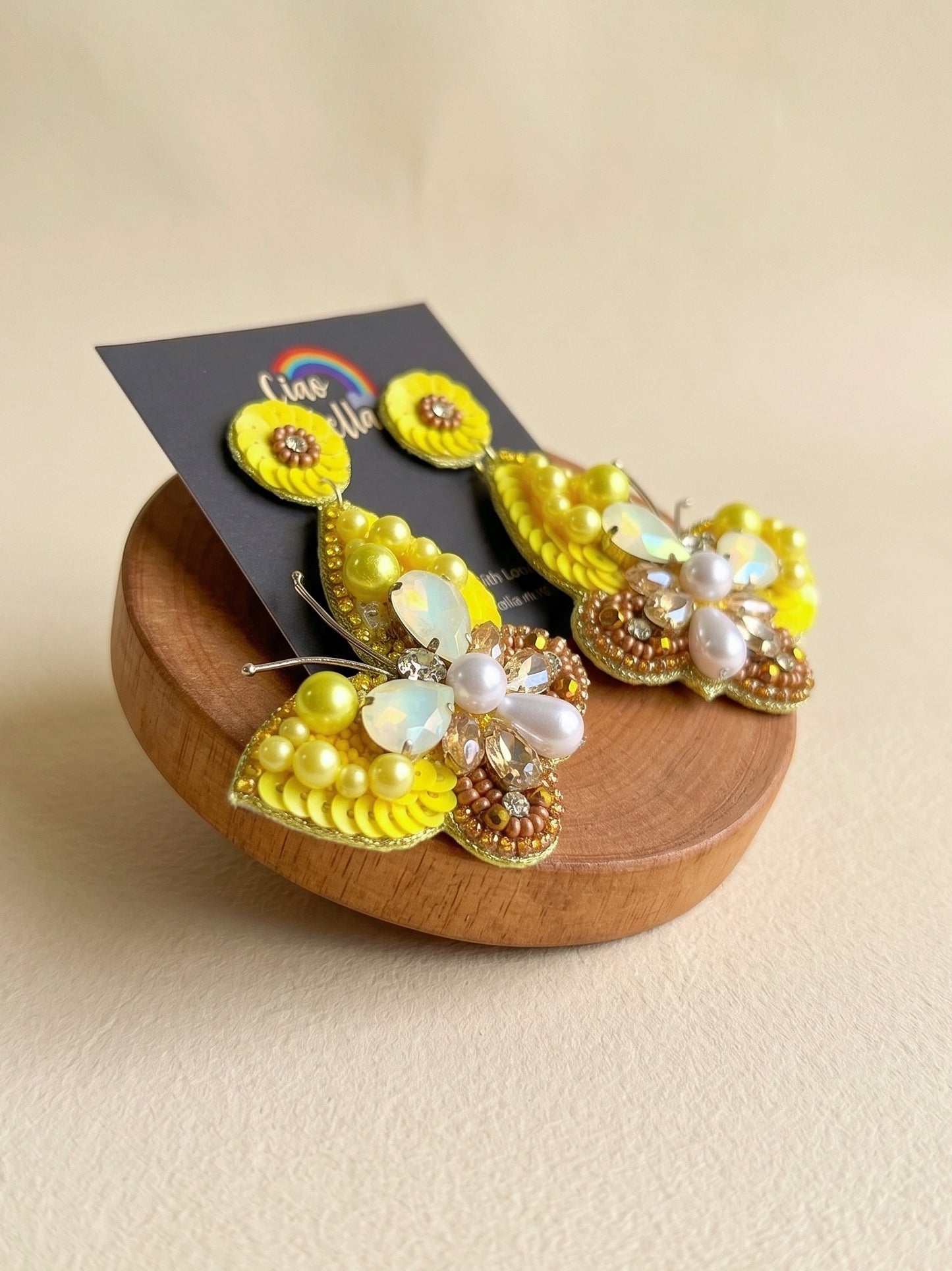 Luxe Crystal Yellow Handmade Beaded Butterfly Earrings
