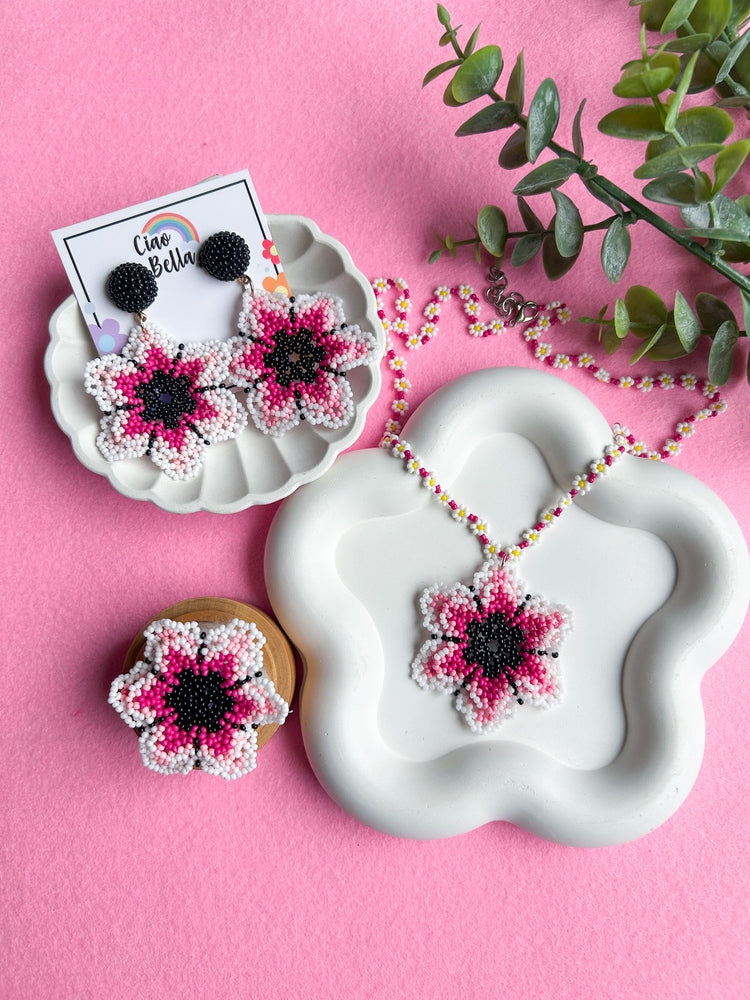Blossoming Pink Flower Handmade Beaded Necklace + Earrings + Ring Set