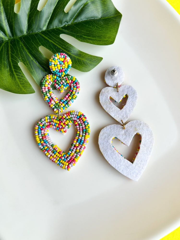 Rainbow Confetti Handmade Beaded Heart Shape Earrings