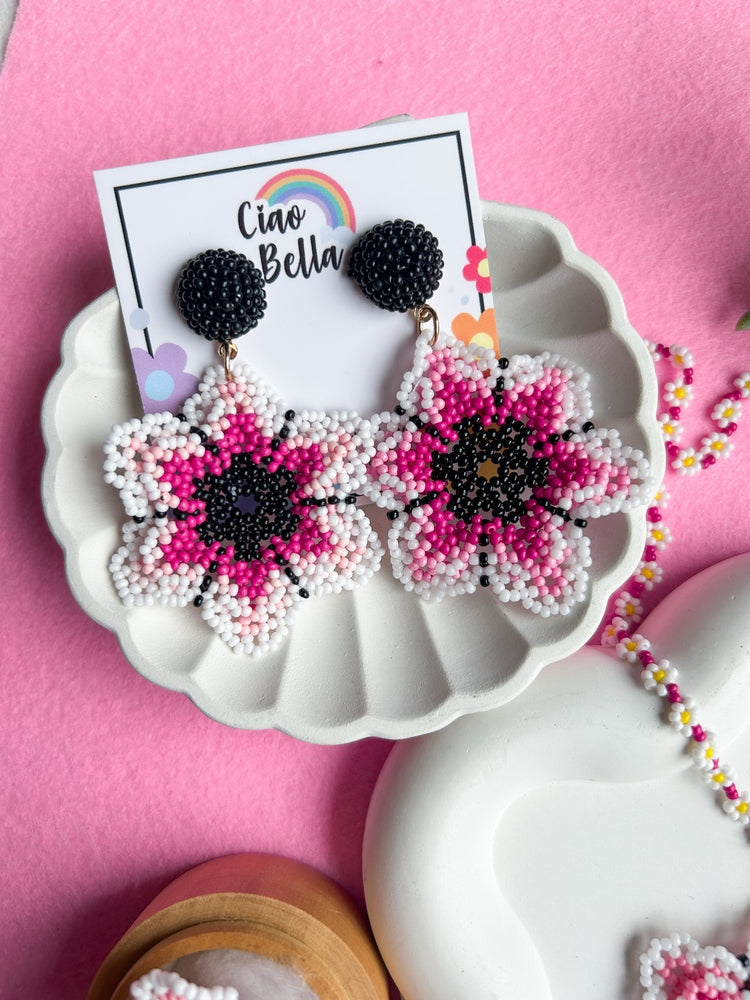 Blossoming Pink Flower Handmade Beaded Necklace + Earrings + Ring Set