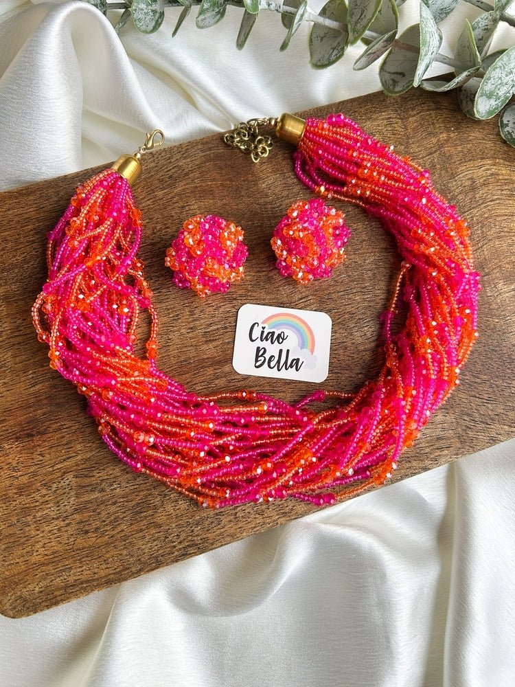 Gulnar Pink Orange Handmade Beaded Necklace + Earrings Set