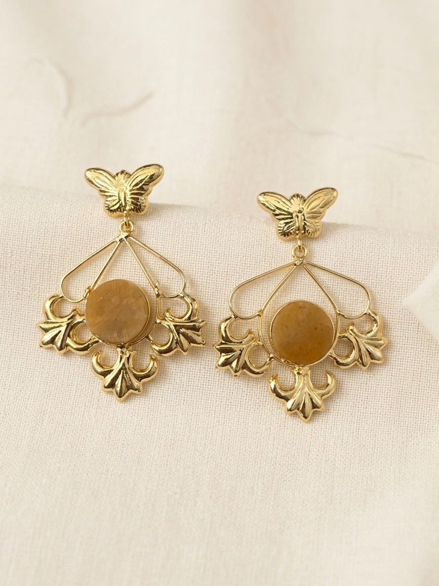 Elowen Butterfly Drops Mustard Beige Handmade Brass Earrings