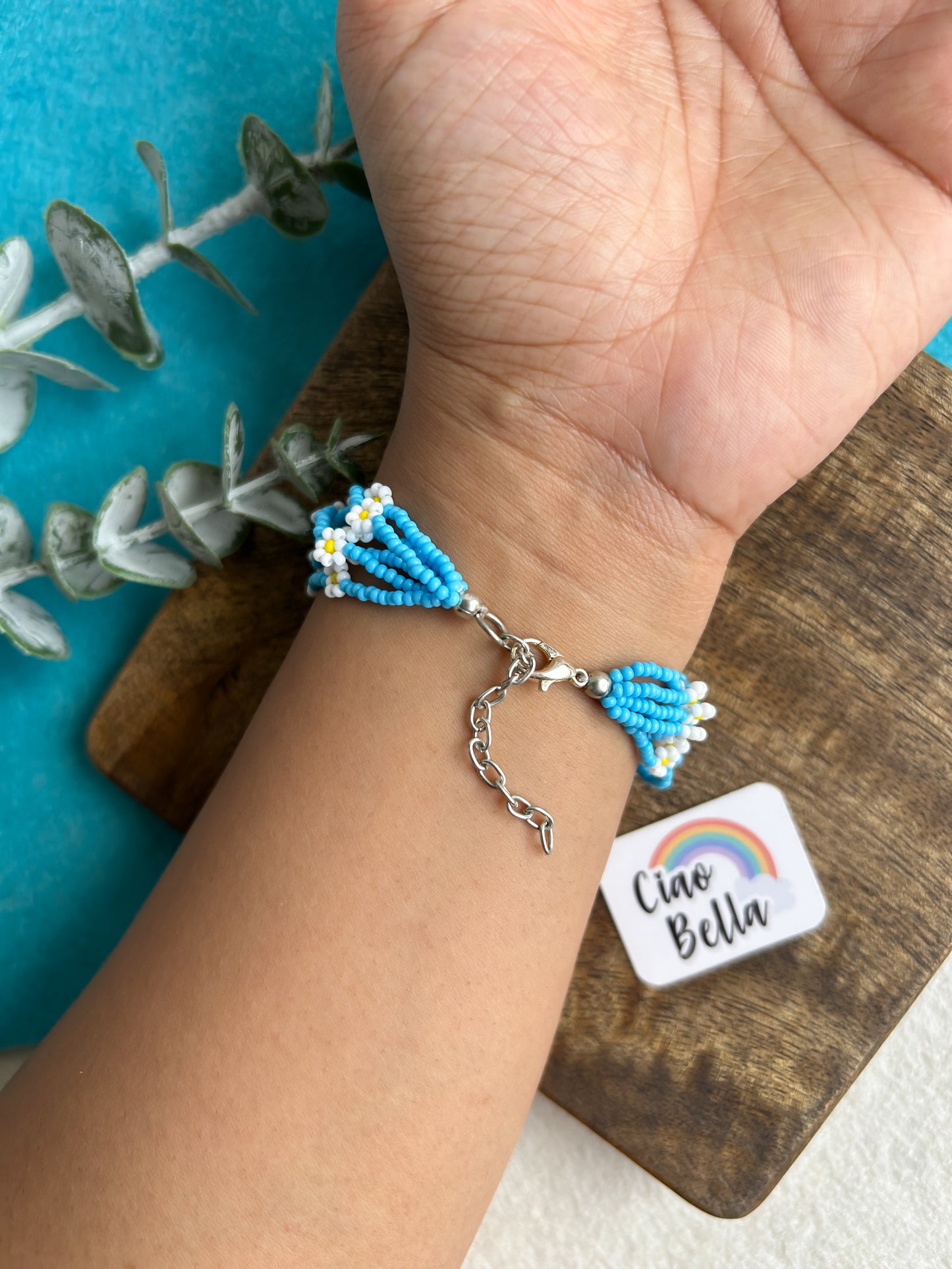 Spring Bloom Blue White Daisy Handmade Beaded Bracelet