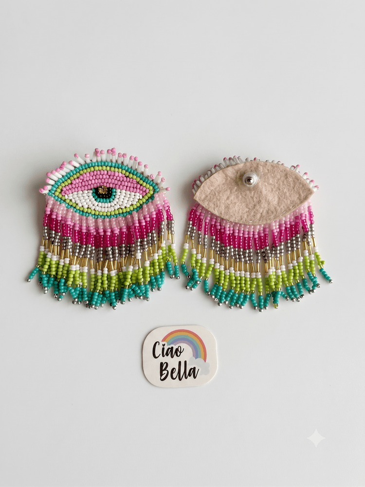 Cotton Candy Pink Evil Eye Handmade Beaded Tassel Earrings