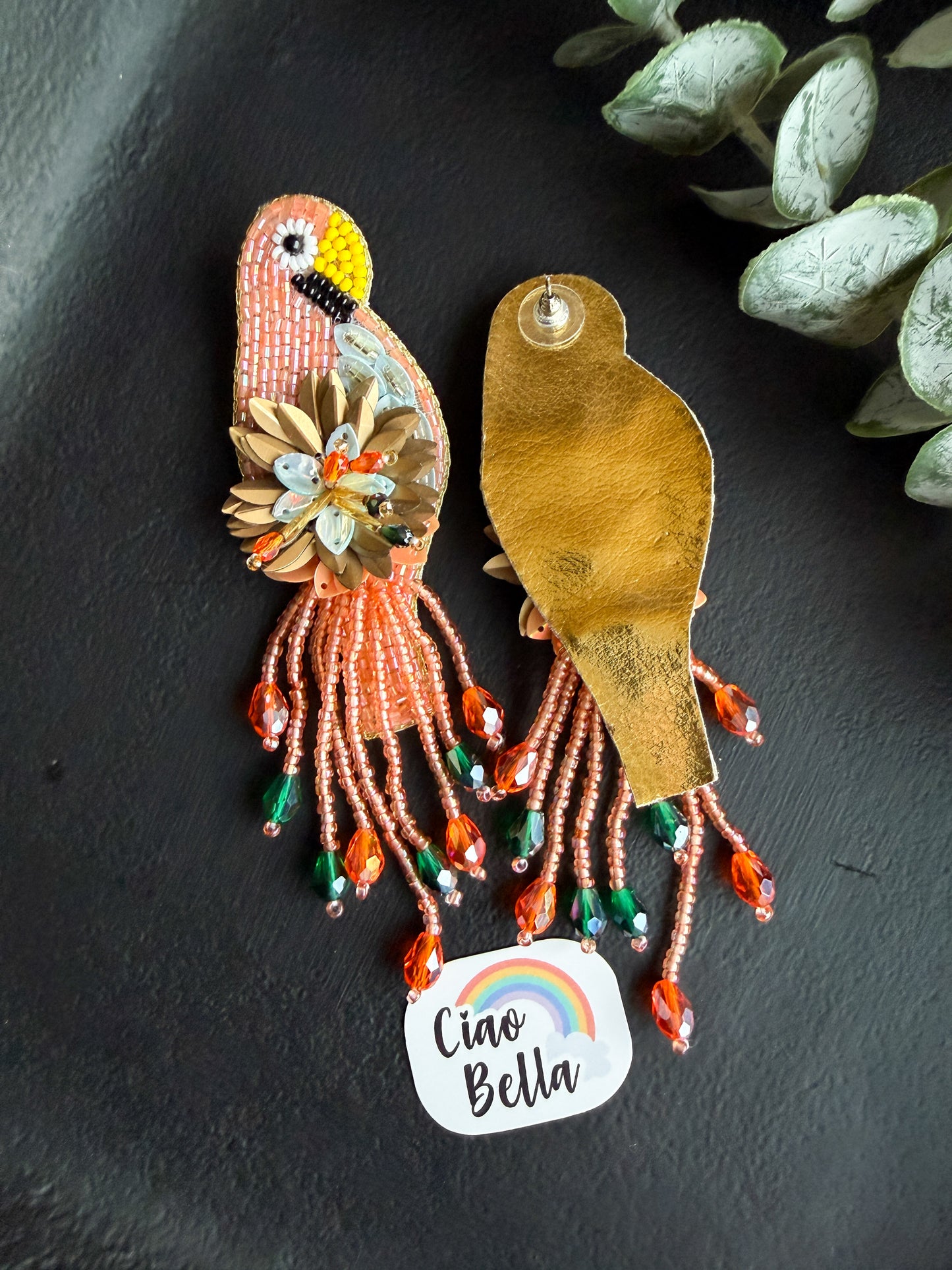 Luxe Paradise Peach Orange Parrot Earrings Handmade Beaded Bird Earrings