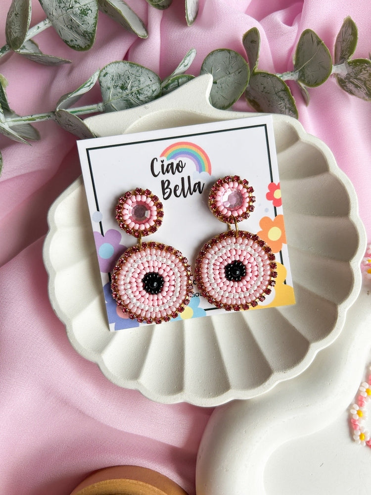 Blush Pink Evil Eye Handmade Beaded Necklace + Earrings + Ring Set