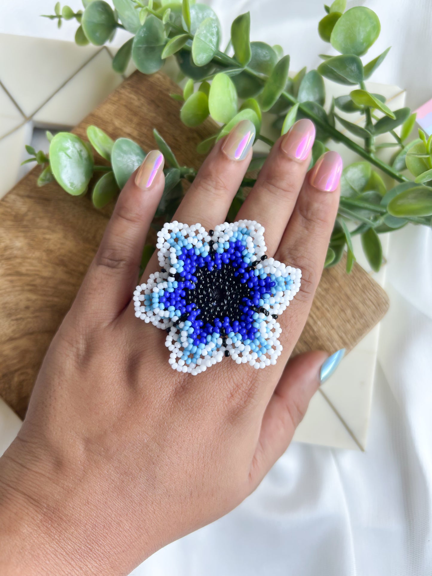 Blossoming Blue Flower Handmade Beaded Necklace + Earrings + Ring Set