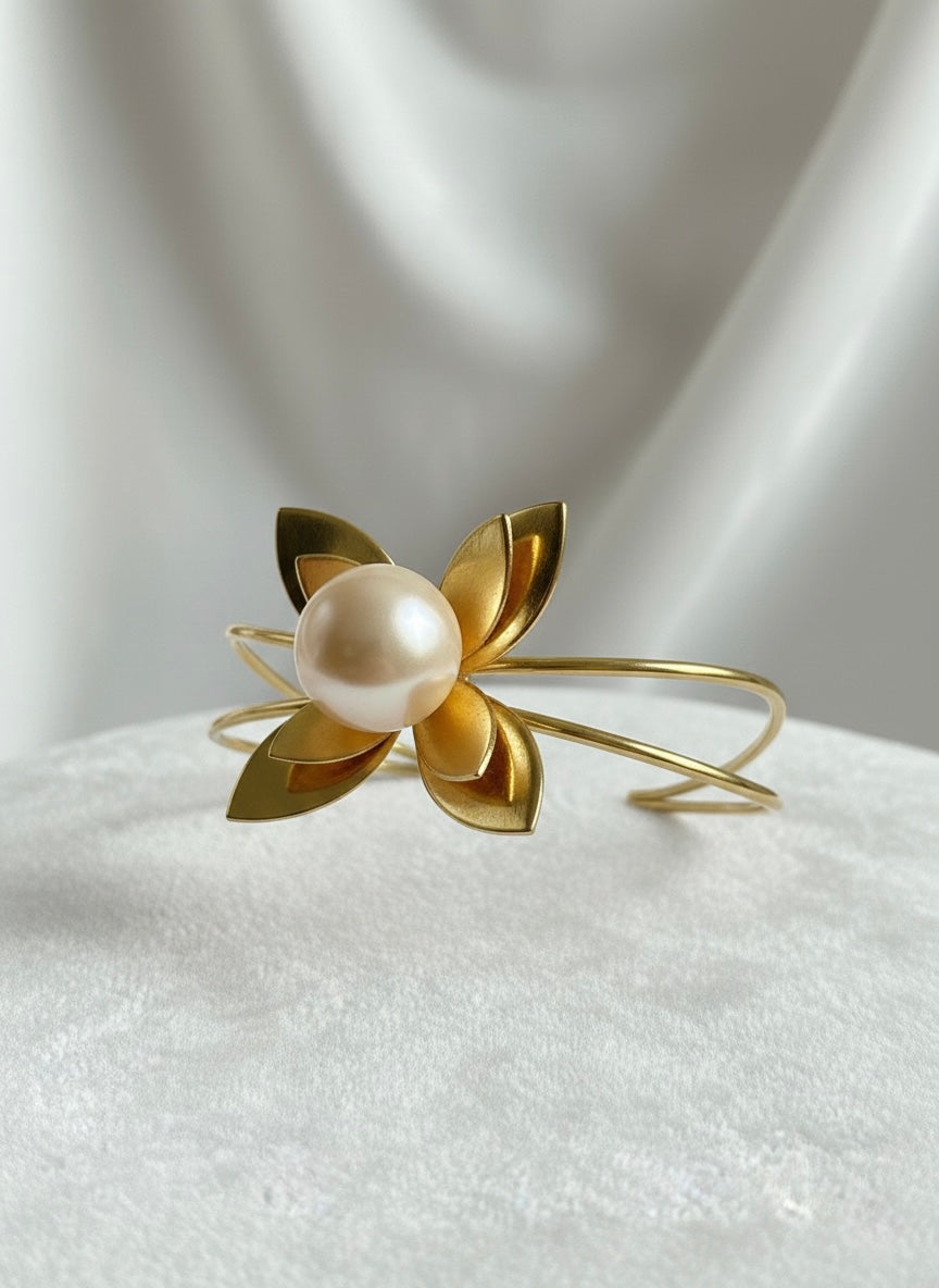 Pearl Flower Handmade Brass Cuff Bracelet