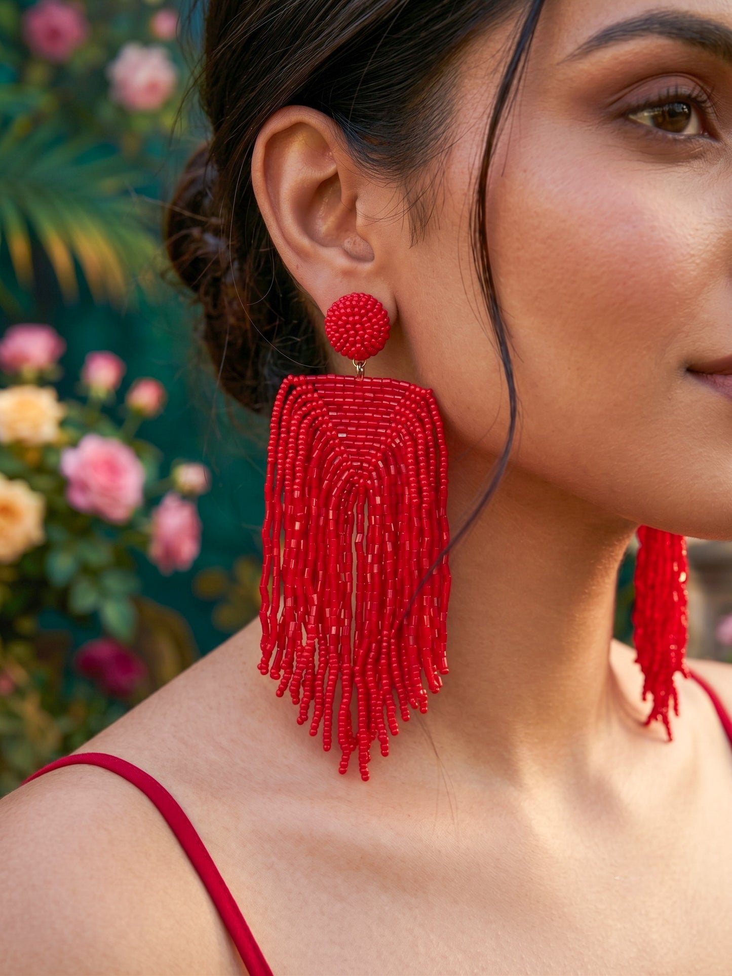 Luxe Crimson Red Handmade Beaded Tassel Earrings