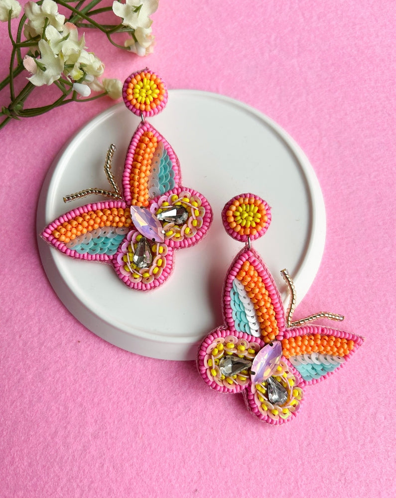 Sun-Kissed Pink Handmade Beaded Butterfly Earrings