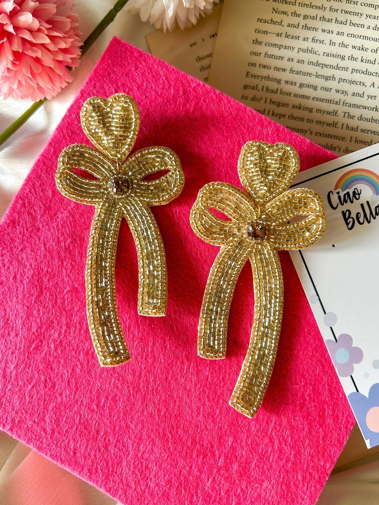 Glam Bow (Gold) Handmade Beaded Earrings