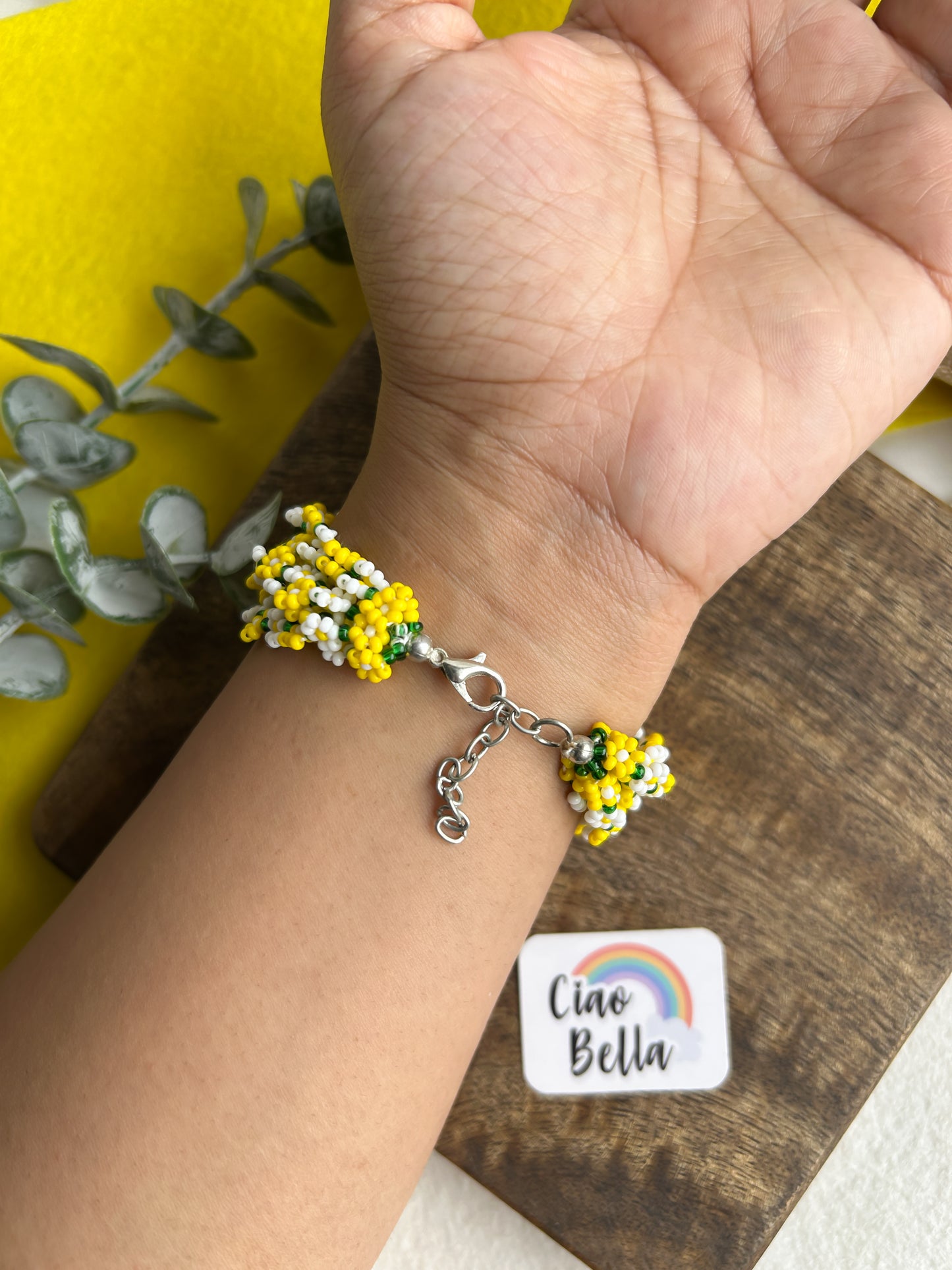 Spring Bloom Yellow White Daisy Handmade Beaded Bracelet