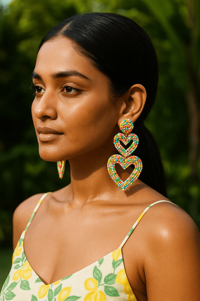 Rainbow Confetti Handmade Beaded Heart Shape Earrings