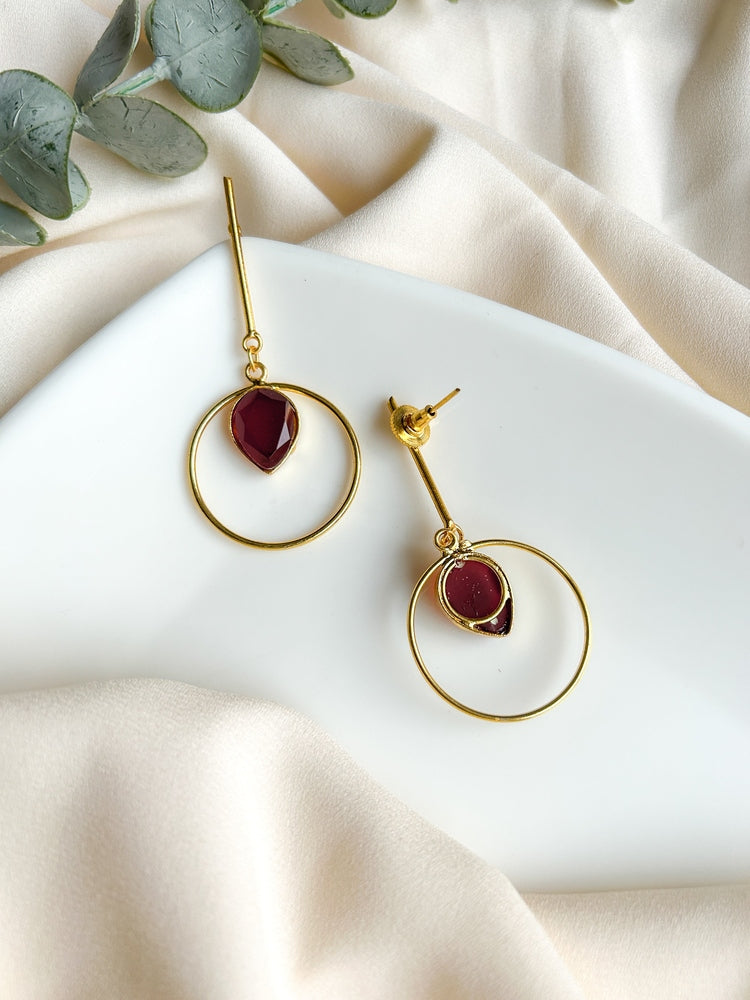 Deep Red Monalisa Teardrop Handmade Brass Earrings