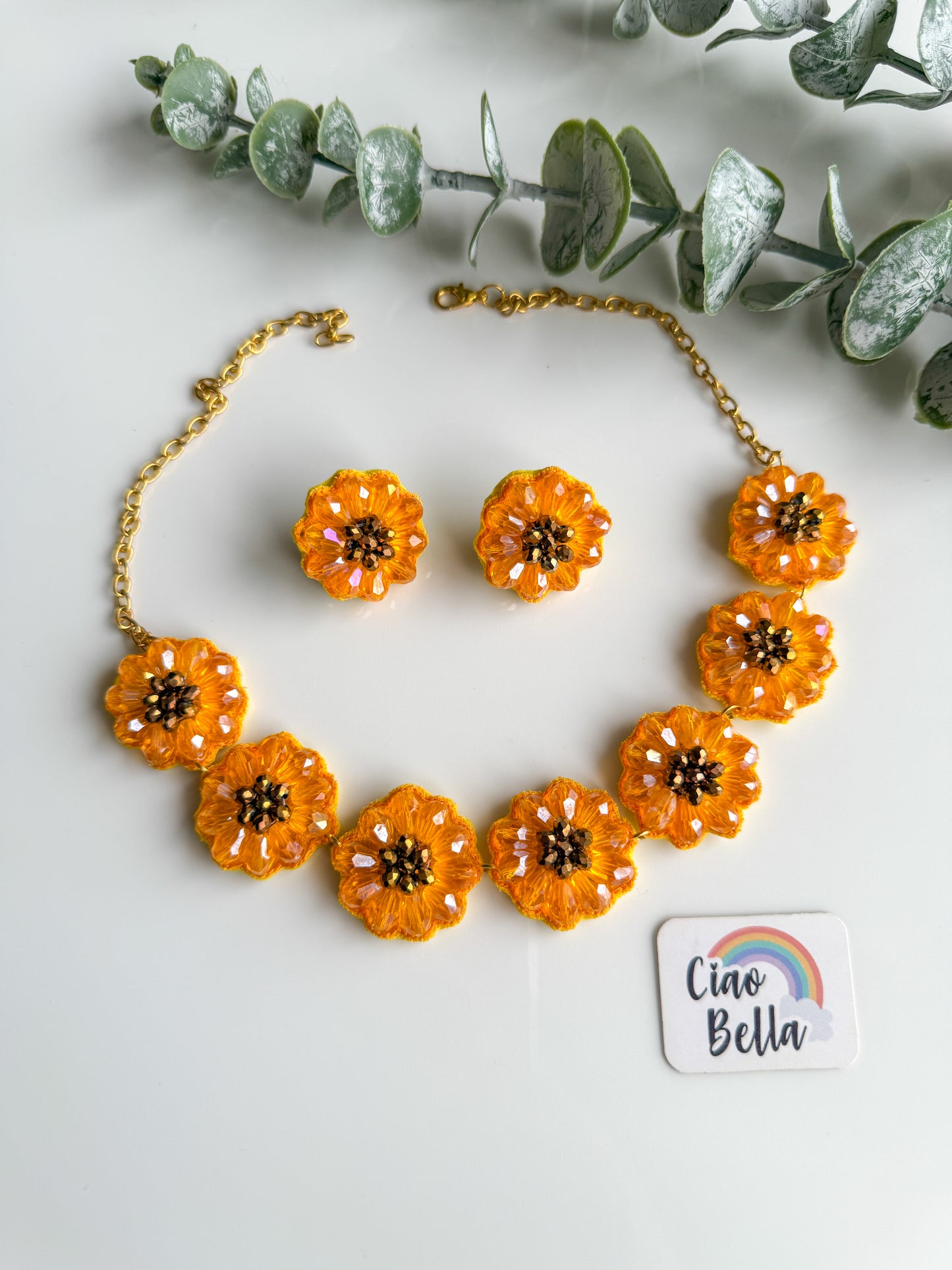 Sparkling Sunflower Handmade Beaded Necklace + Earrings Set