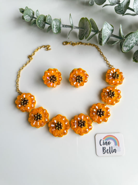 Sparkling Sunflower Handmade Beaded Necklace + Earrings Set