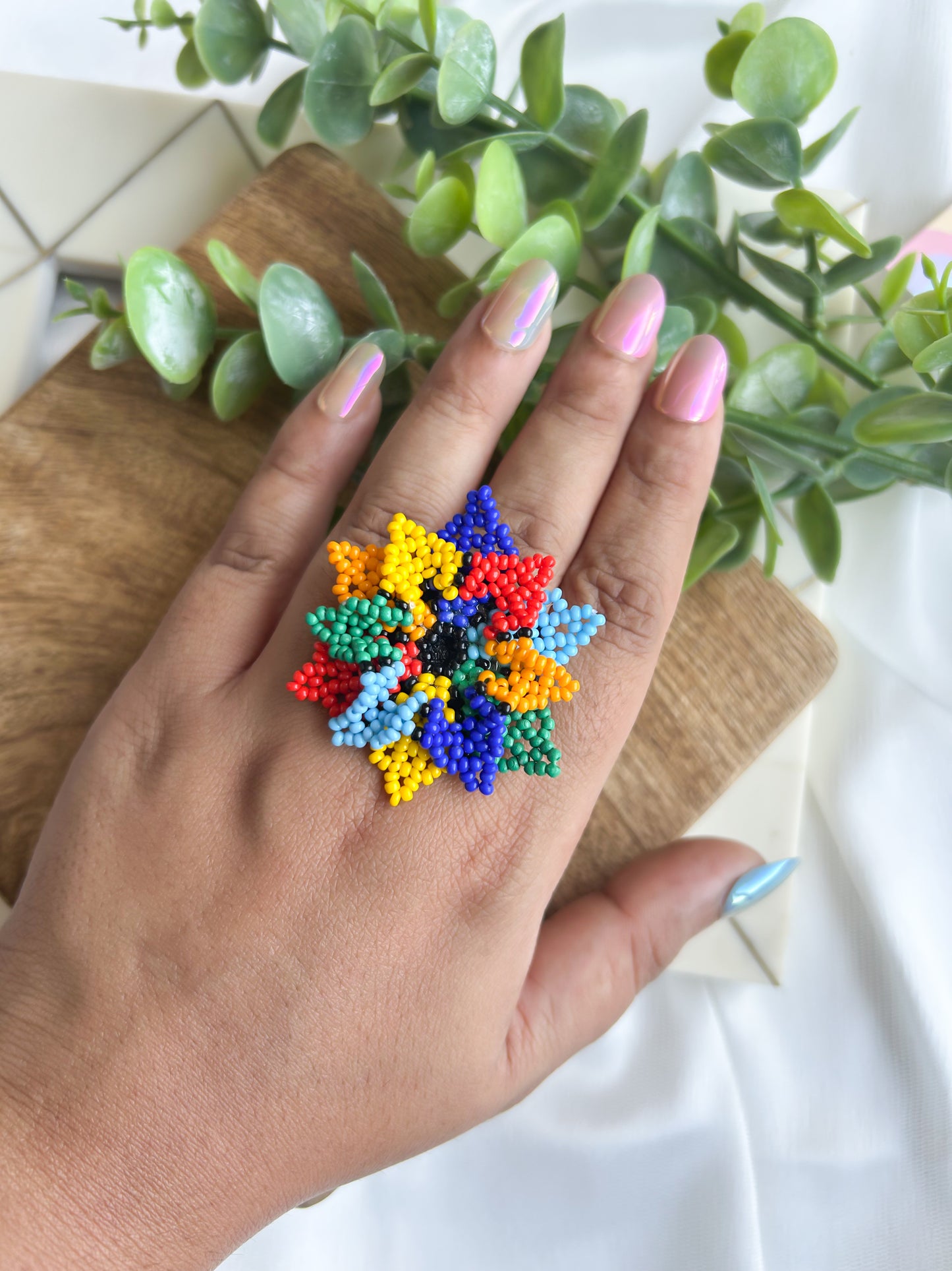 Rainbow Blossoming Flower Handmade Beaded Necklace + Earrings + Ring Set