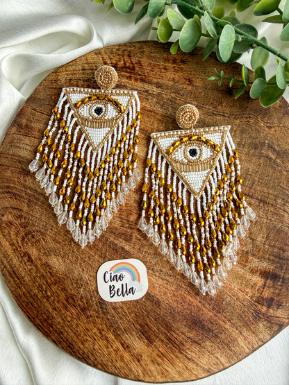 Luxe Evil Eye White Handmade Beaded Tassel Earrings