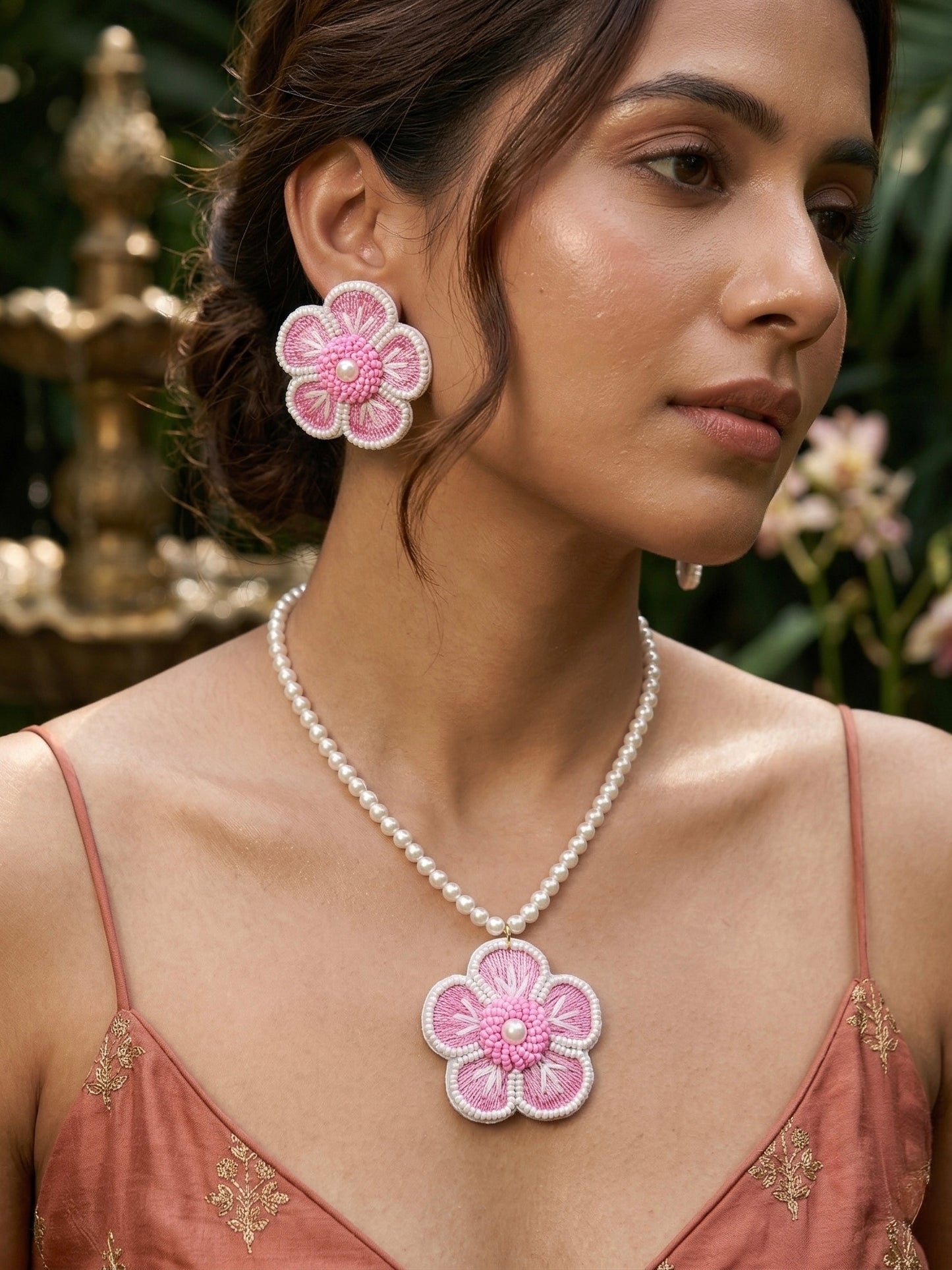 Blush Pink Blossom Flower Handmade Beaded Necklace + Earrings Set