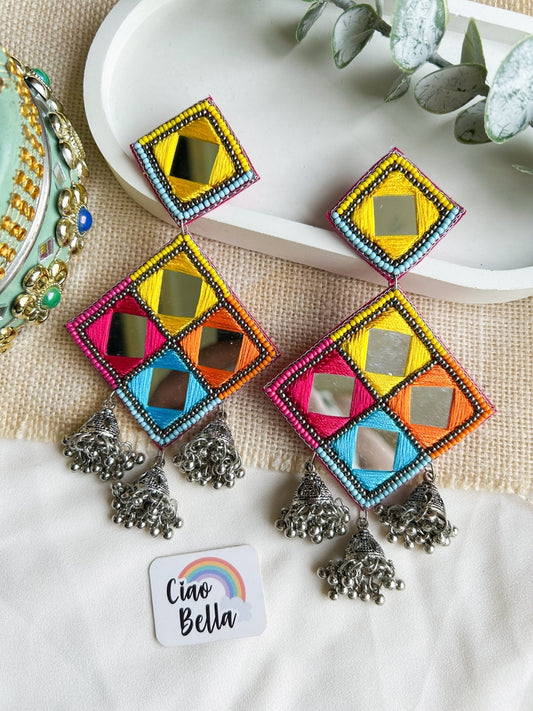 Rangrez Mirror Handmade Beaded Jhumka Earrings