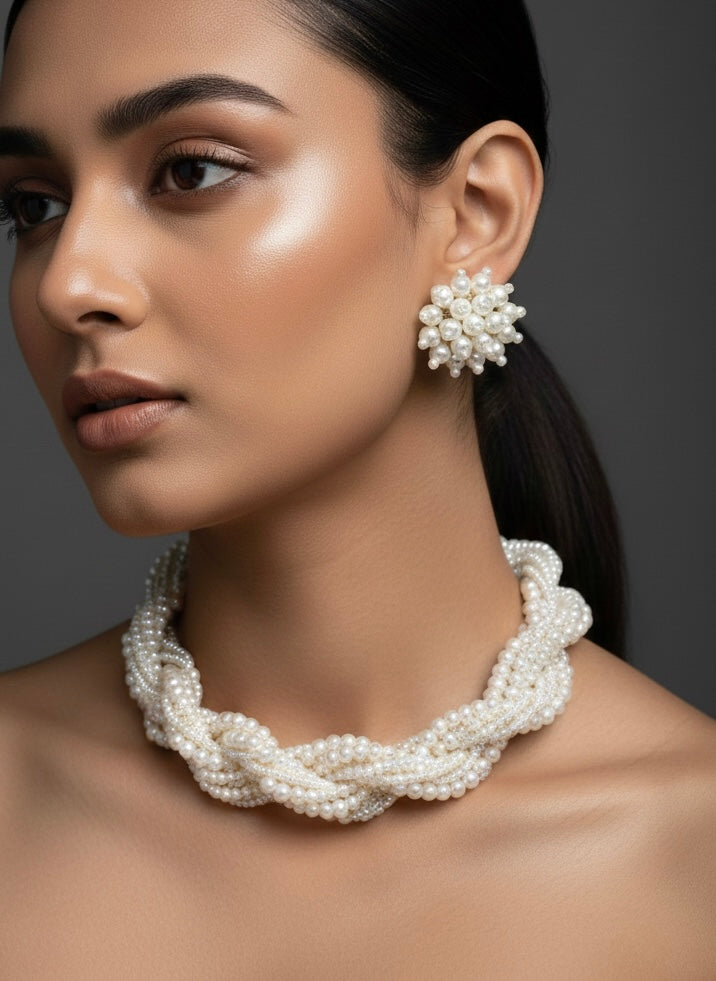 Noor Pearl Twisted Handmade Necklace + Stud Earrings Set