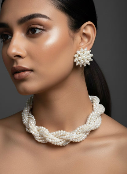 Noor Pearl Twisted Handmade Necklace + Stud Earrings Set