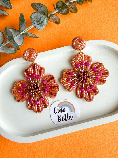 Sunset Orange Glow Flower Handmade Beaded Earrings