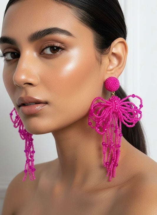 Pookie Bow (Pink) Handmade Beaded Earrings