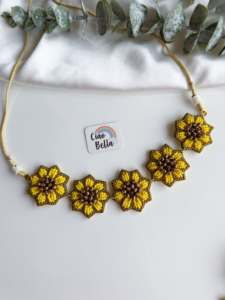 Sunflower Handmade Beaded Necklace + Earrings Set