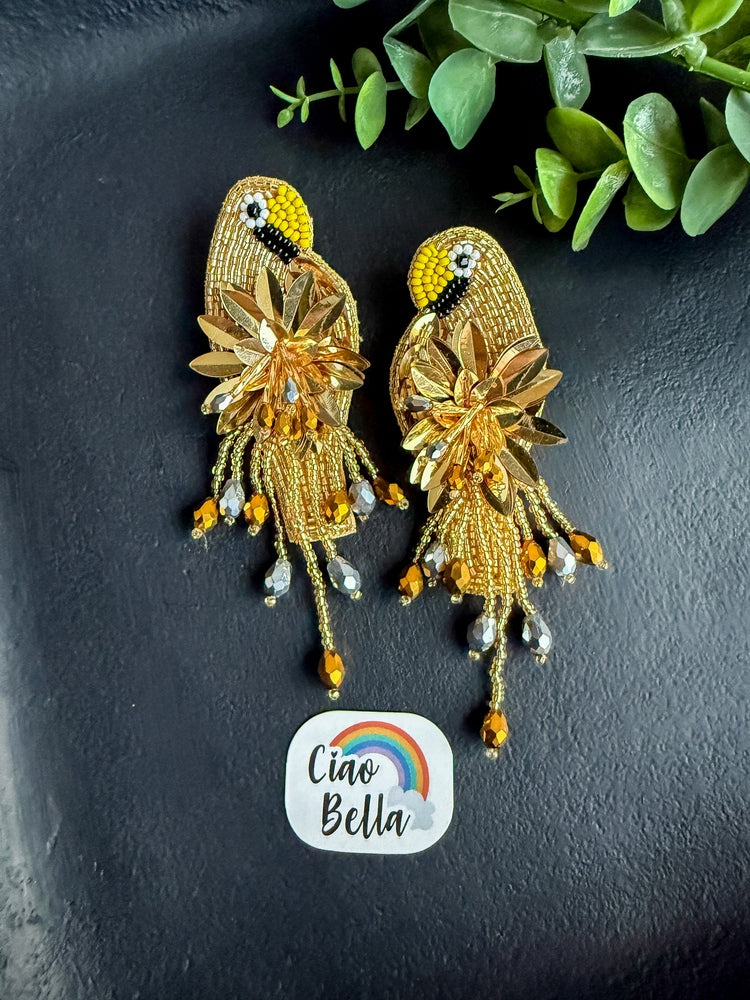 Luxe Paradise Golden Parrot Earrings Handmade Beaded Bird Earrings