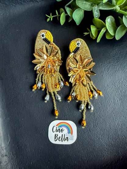 Luxe Paradise Golden Parrot Earrings Handmade Beaded Bird Earrings
