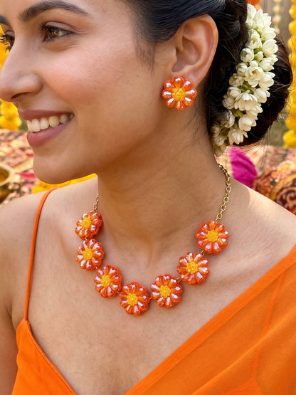 Sparkling Orange Daisy Flower Handmade Beaded Necklace + Earrings Set