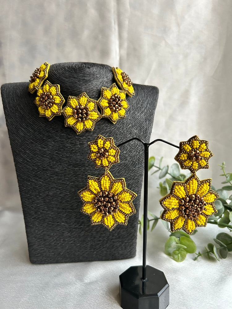 Sunflower Handmade Beaded Necklace + Earrings Set