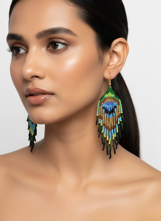 Boho Peacock Feather Handmade Beaded Tassel Bird Earrings