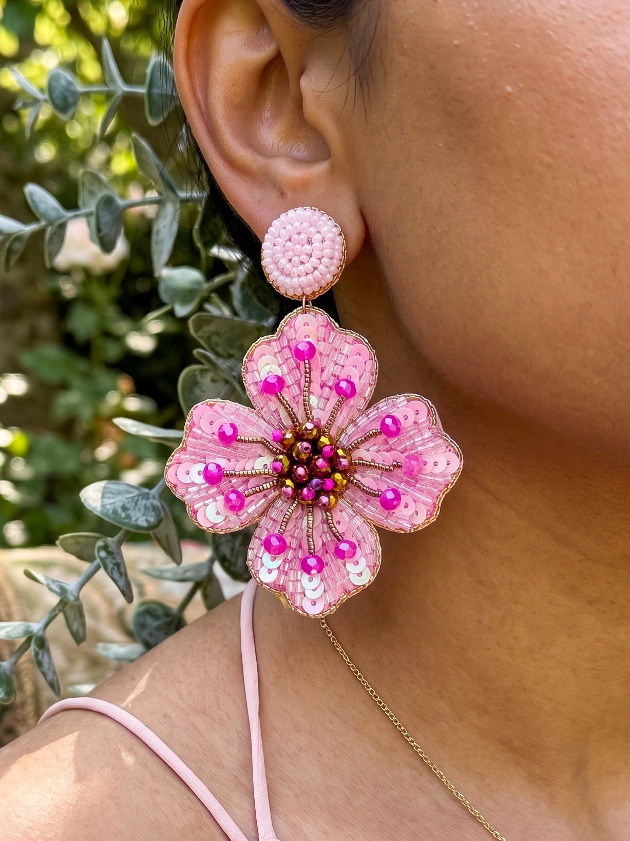 Blush Pink Glow Flower Handmade Beaded Earrings