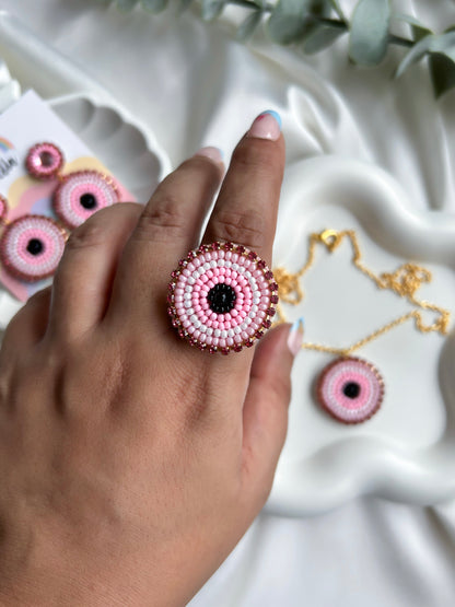 Blush Pink Evil Eye Handmade Beaded Ring