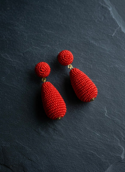 Scarlet Red Drop Handmade Beaded Earrings