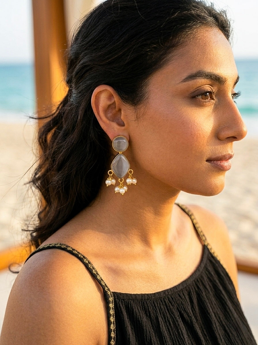 Gem Drop – Grey Handmade Brass Earrings