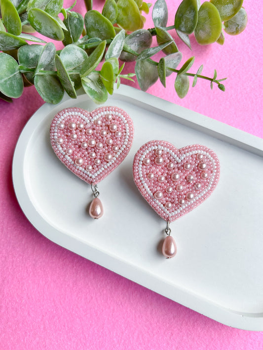 Blushing Pearlheart Handmade Beaded Earrings