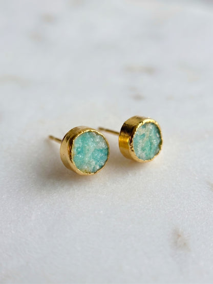 Mint Aura Natural Stone Handmade Brass Stud Earrings