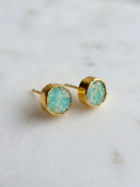 Mint Aura Natural Stone Handmade Brass Stud Earrings