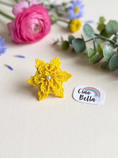 Sunshine Yellow Delicate Snowflake 3D Crochet Handmade Beaded Ring