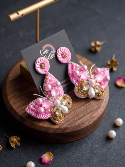 Luxe Crystal Light Rose Pink Handmade Beaded Butterfly Earrings