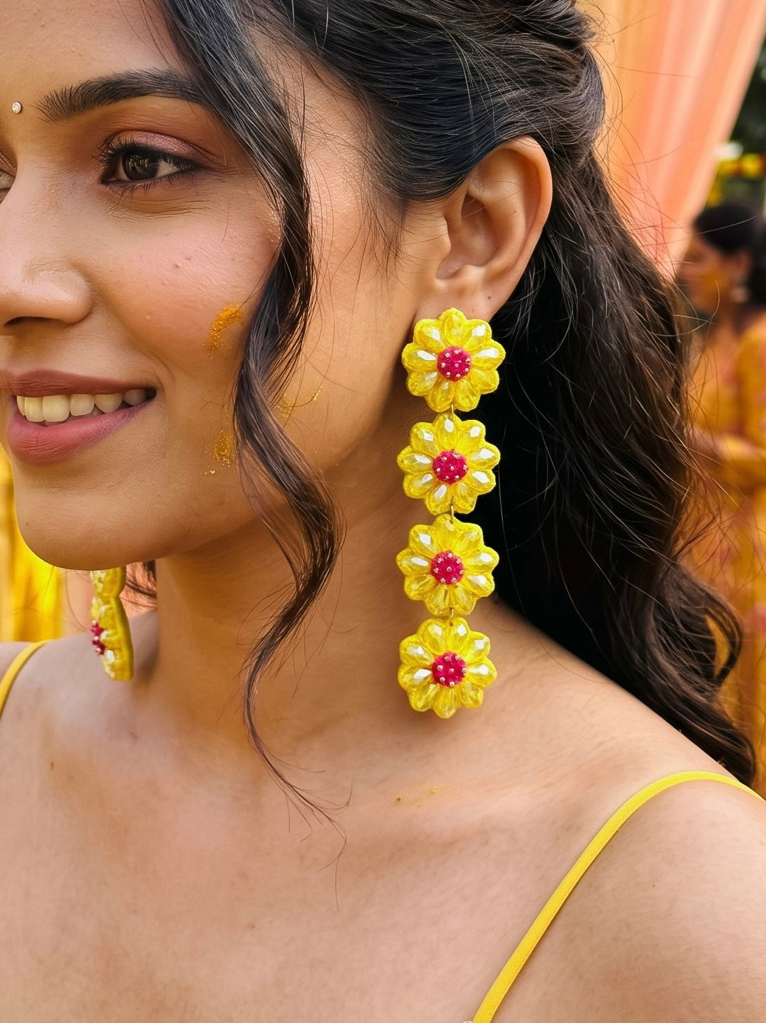 Sparkling Yellow Pink Daisy Flower Handmade Beaded Drop Earrings